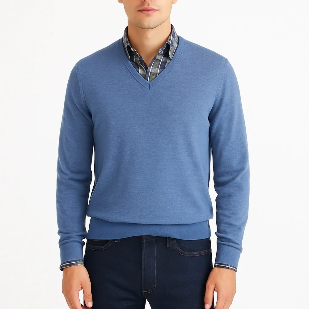J Crew merino wool essential V neck lightweight sweater L blue
